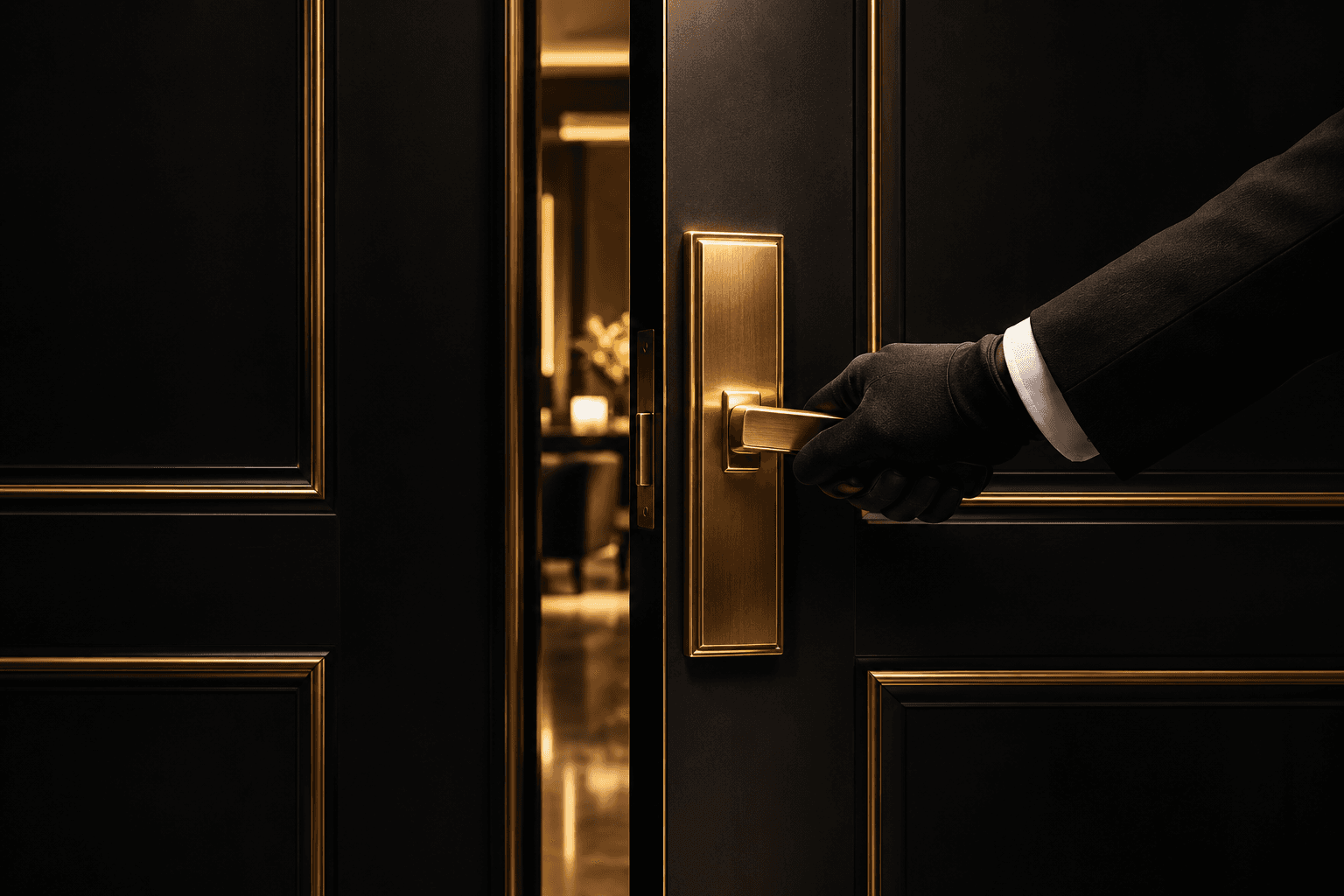 Golden glove at the velvet door