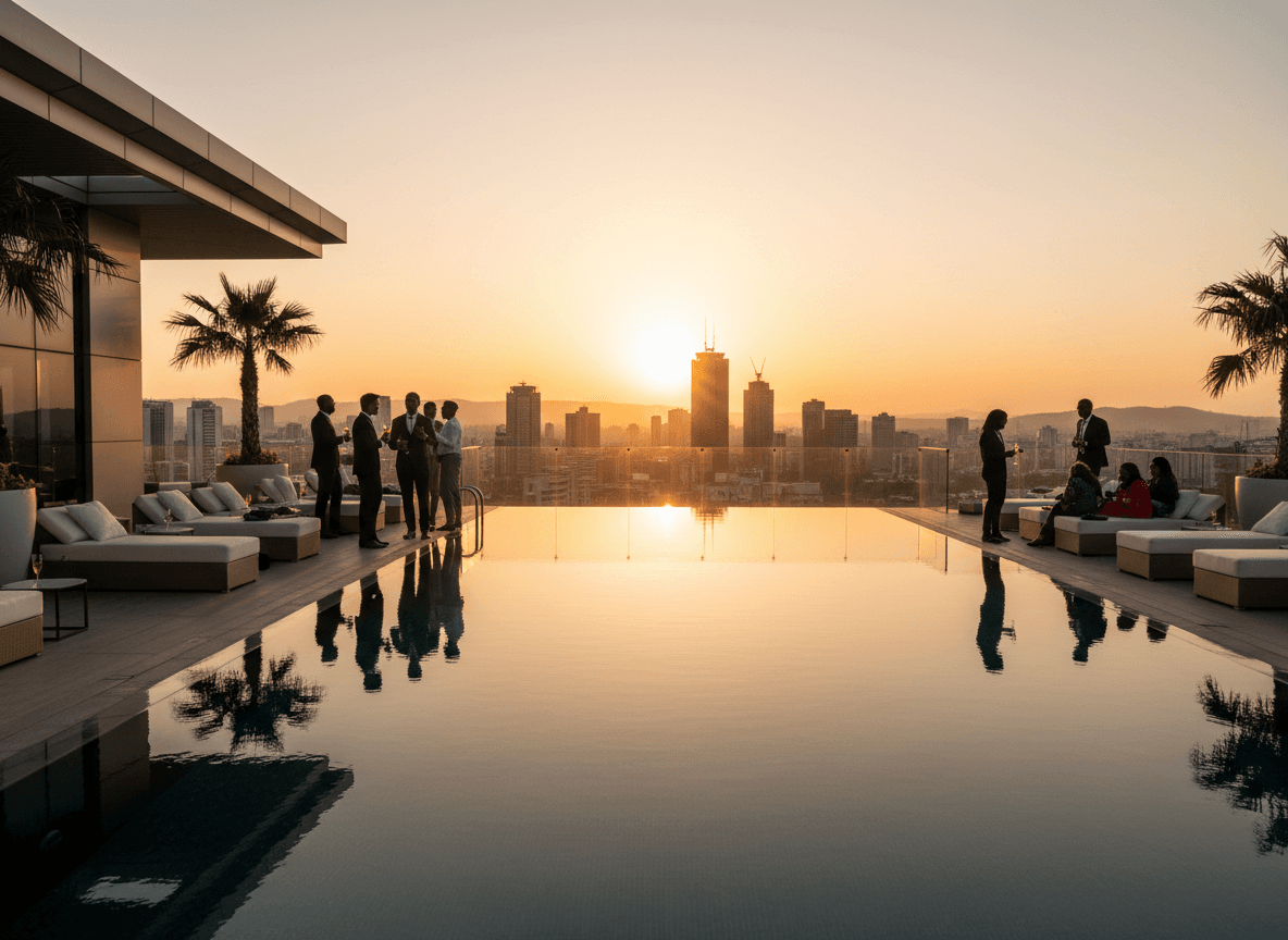 Guests gathering beside a luxury rooftop pool at sunset