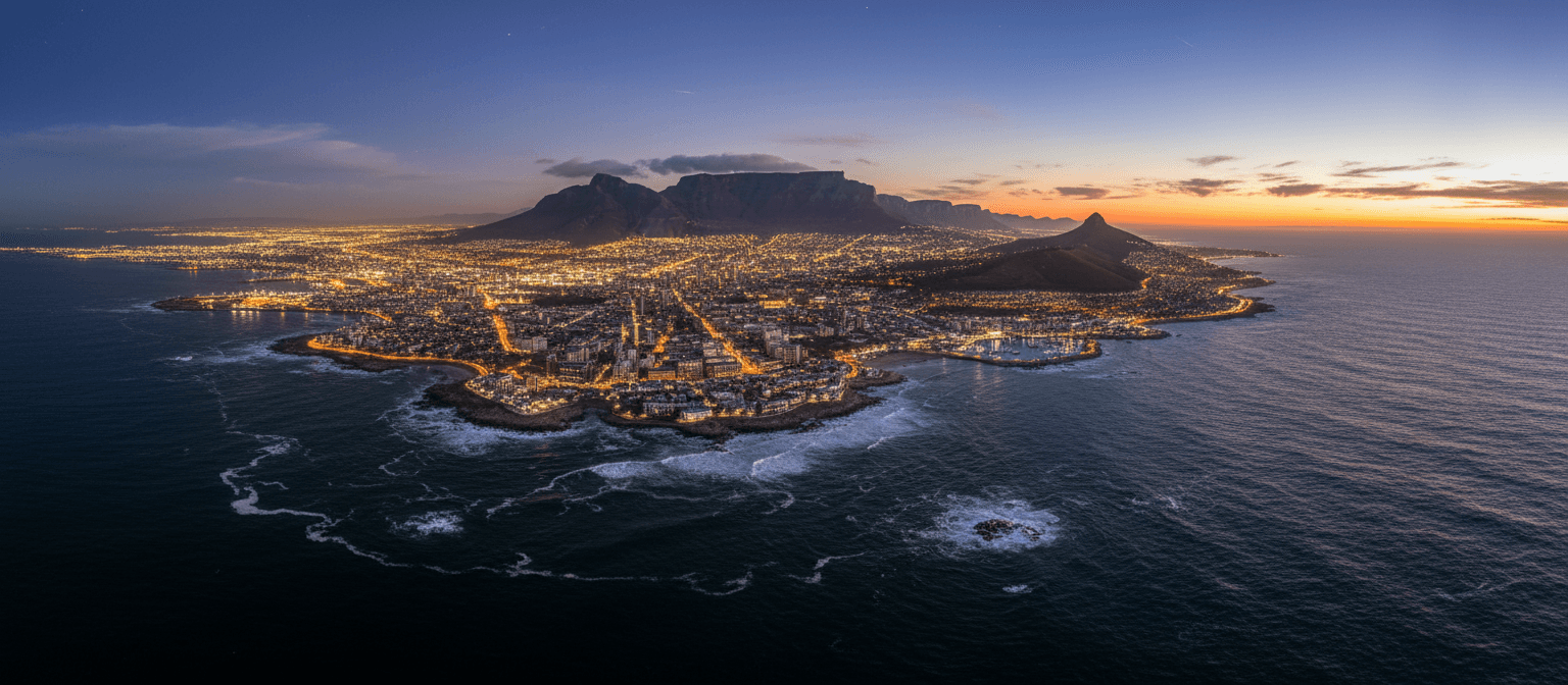 Cape Town illuminated at dusk beneath Table Mountain