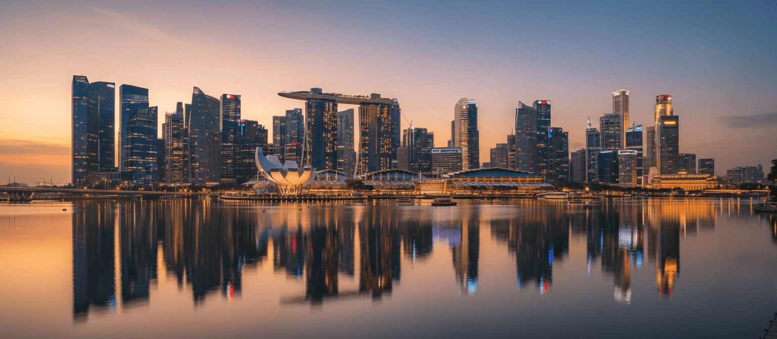 Waterfront city skyline at dusk